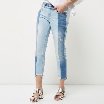Mid blue panel straight leg jeans